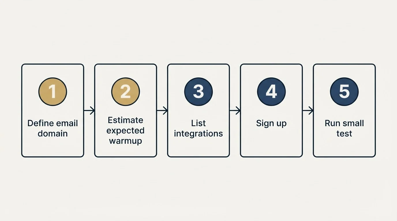 Step sequence: Getting Started Checklist (Define email domain, Estimate expected warmup, List integrations, Sign up)