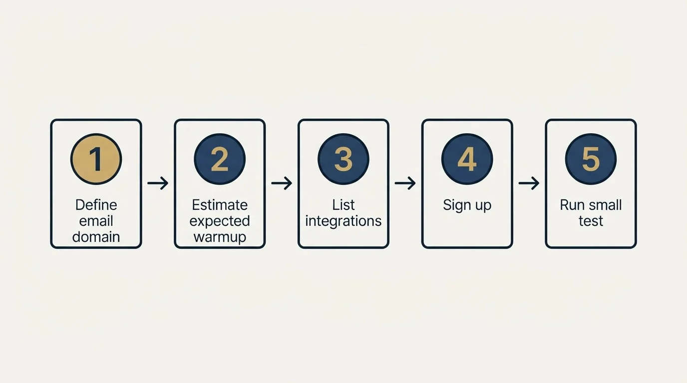 Step sequence: Getting Started Checklist (Define email domain, Estimate expected warmup, List integrations, Sign up)