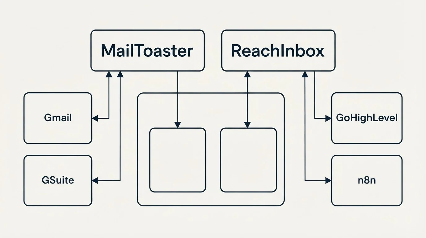Integration grid: Integration Ecosystem (MailToaster, ReachInbox, Gmail, GoHighLevel)