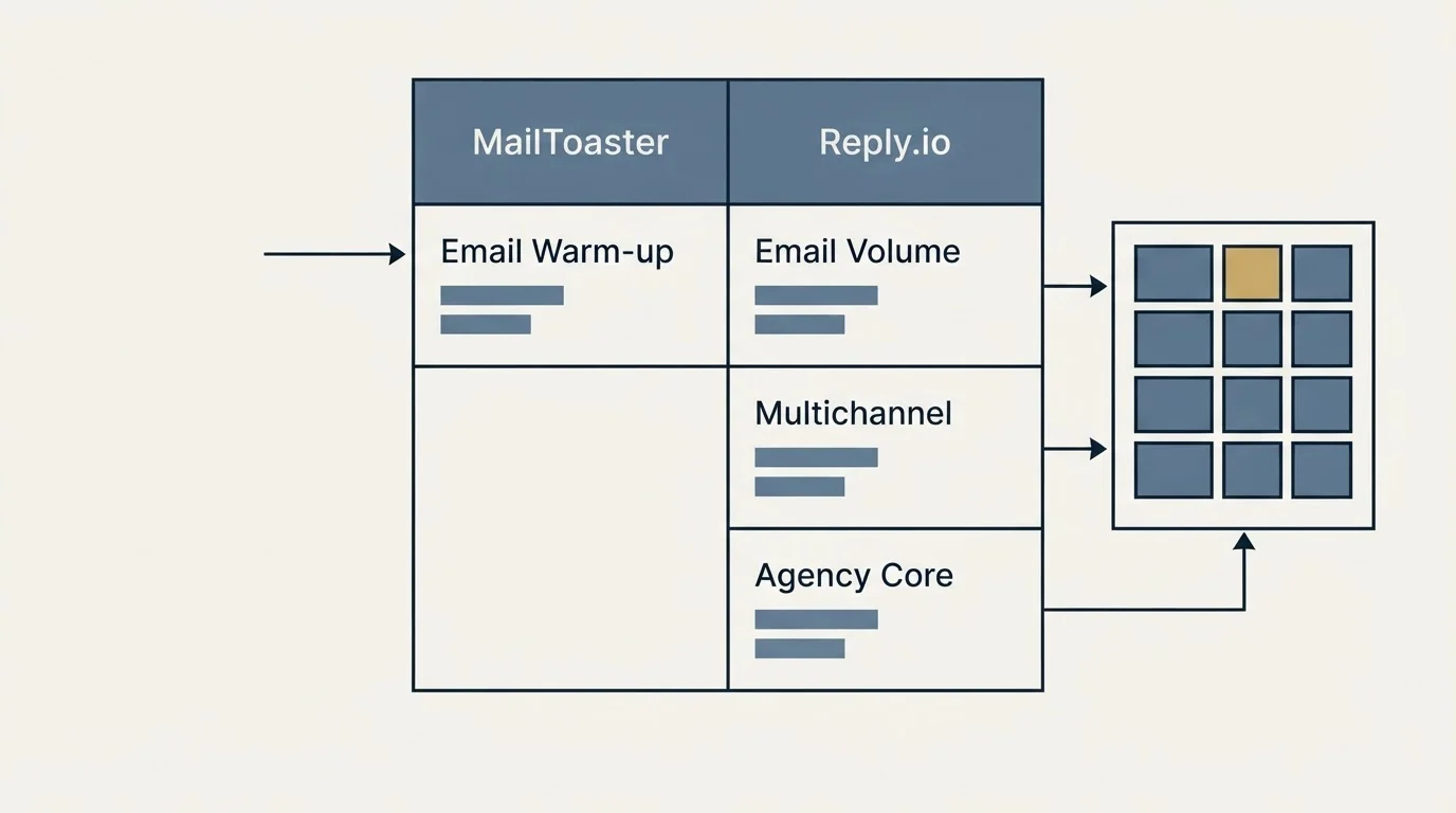 Pricing table: Pricing Comparison (MailToaster, Reply.io, Email Warm-up, Email Volume)