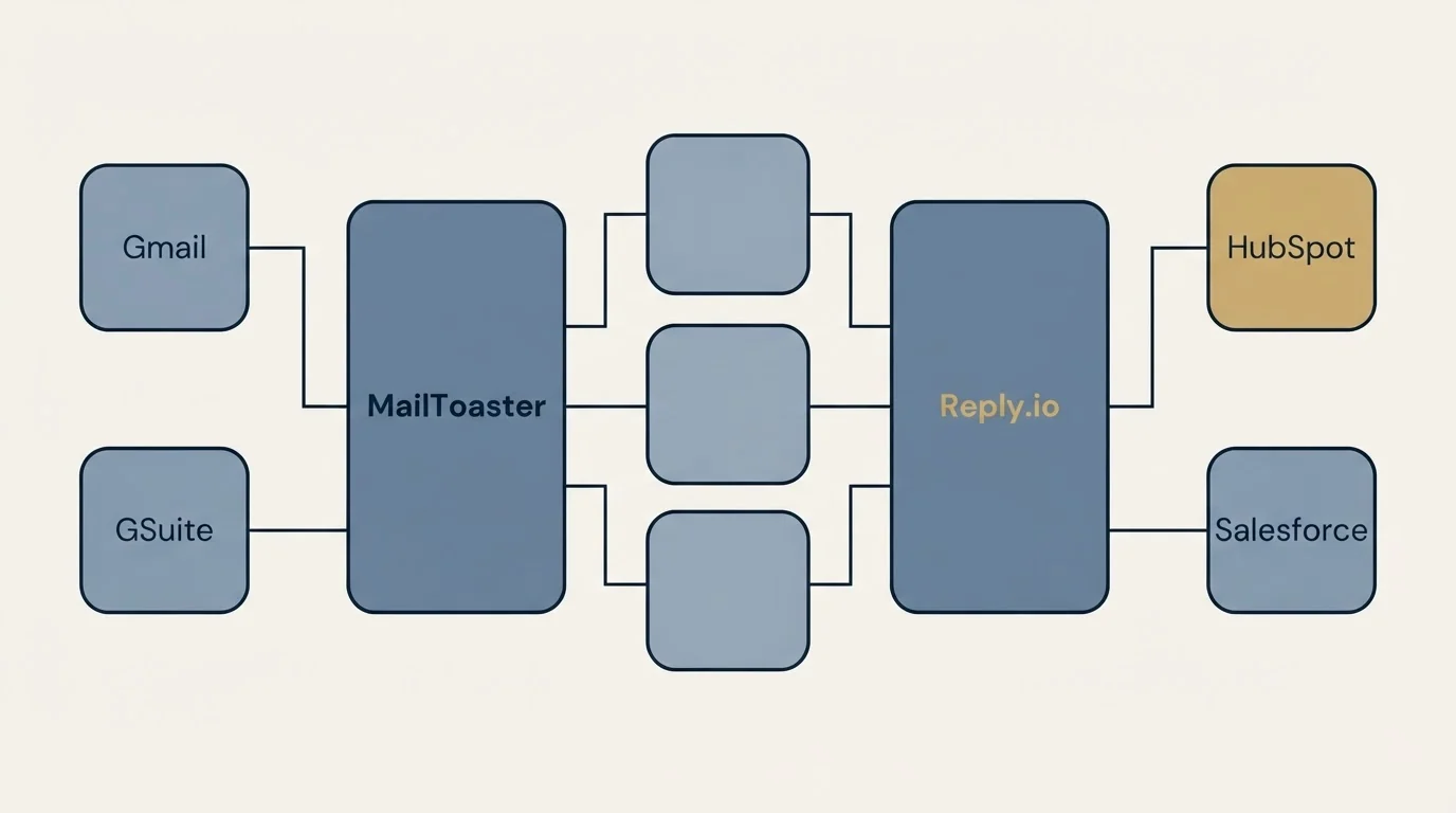 Integration flow: Integration Ecosystem (MailToaster, Reply.io, Gmail, HubSpot)