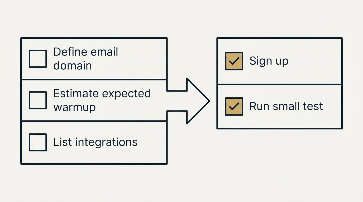 Before-and-after steps: Getting Started Checklist (Define email domain, Estimate expected warmup, List integrations, Sign up)