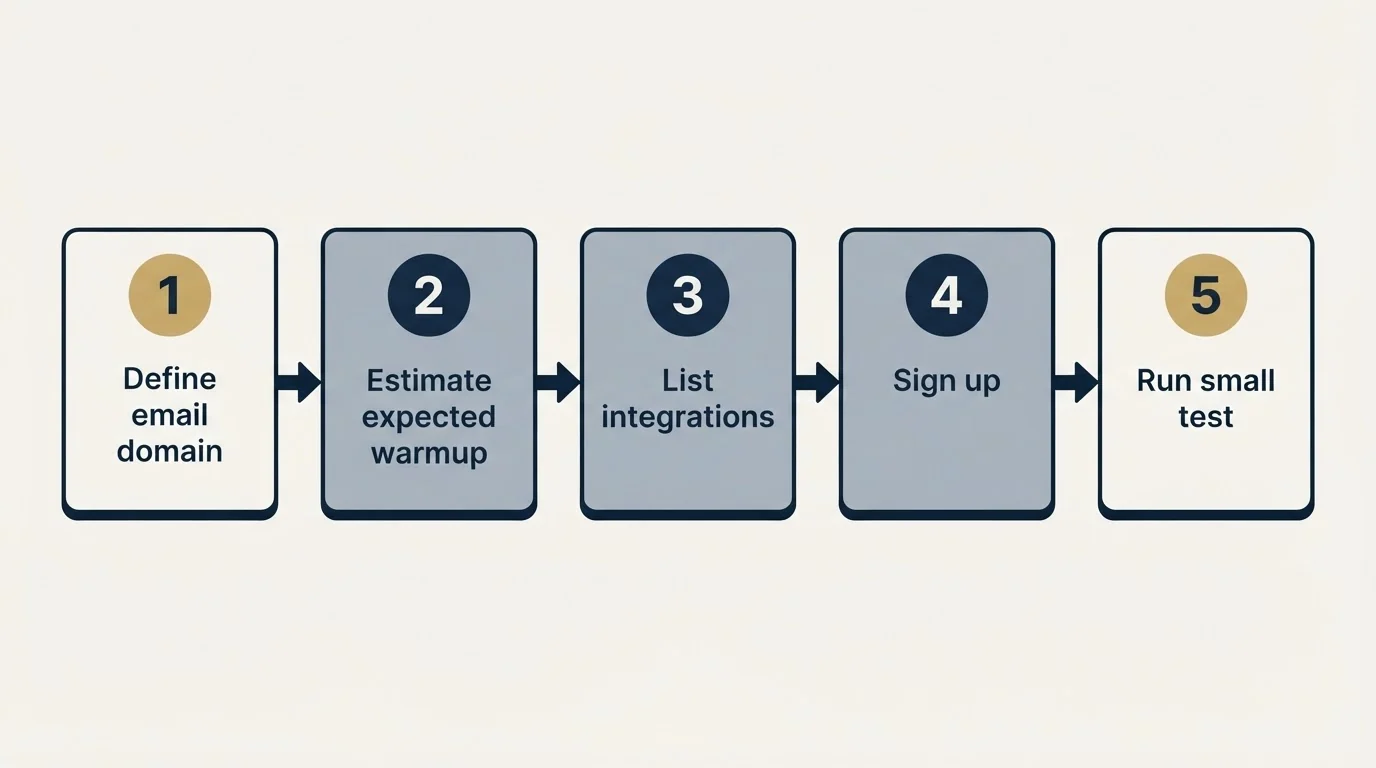 Step sequence: Getting Started Checklist (Define email domain, Estimate expected warmup, List integrations, Sign up)