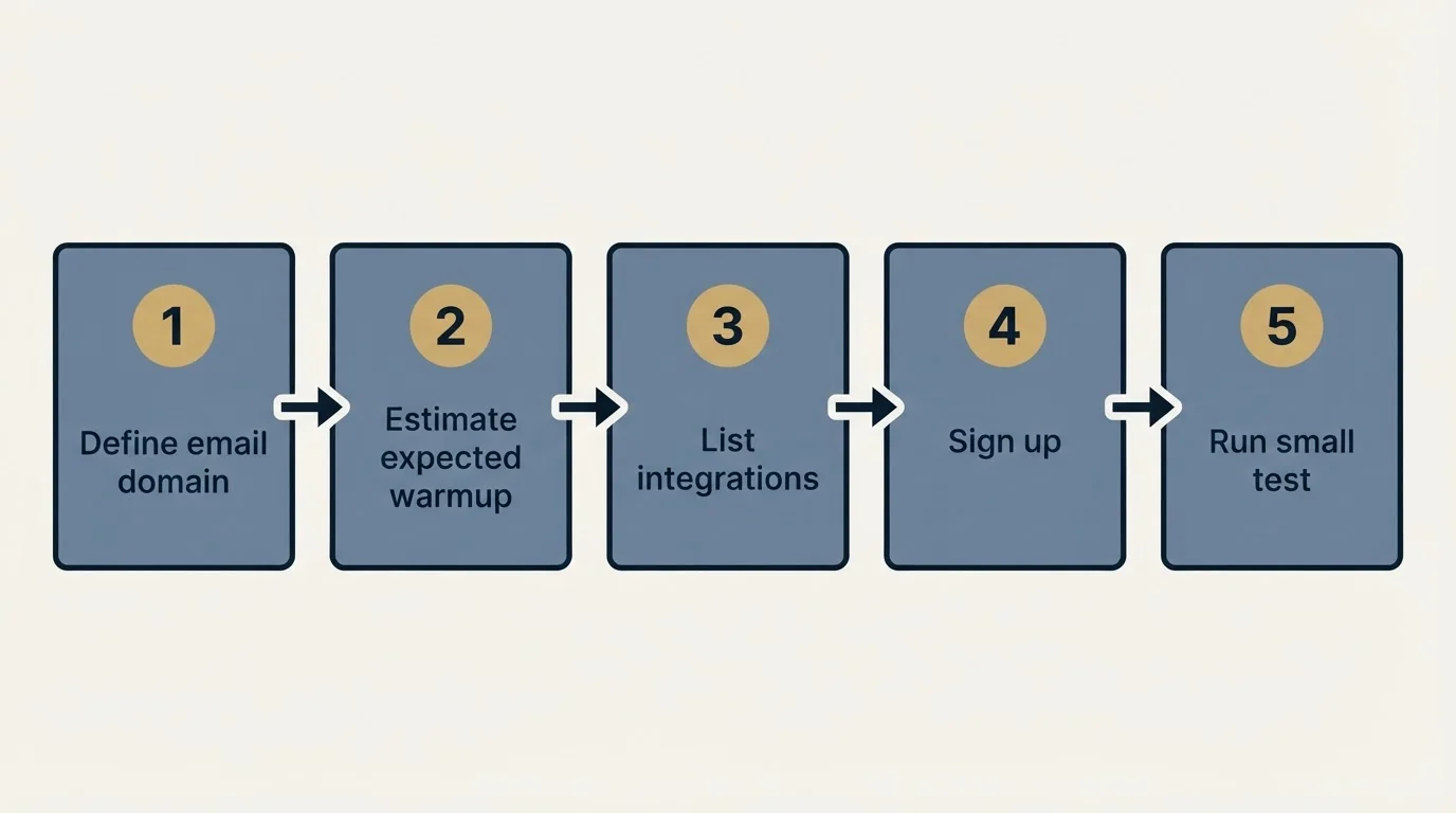 Step sequence: Getting Started Checklist (Define email domain, Estimate expected warmup, List integrations, Sign up)