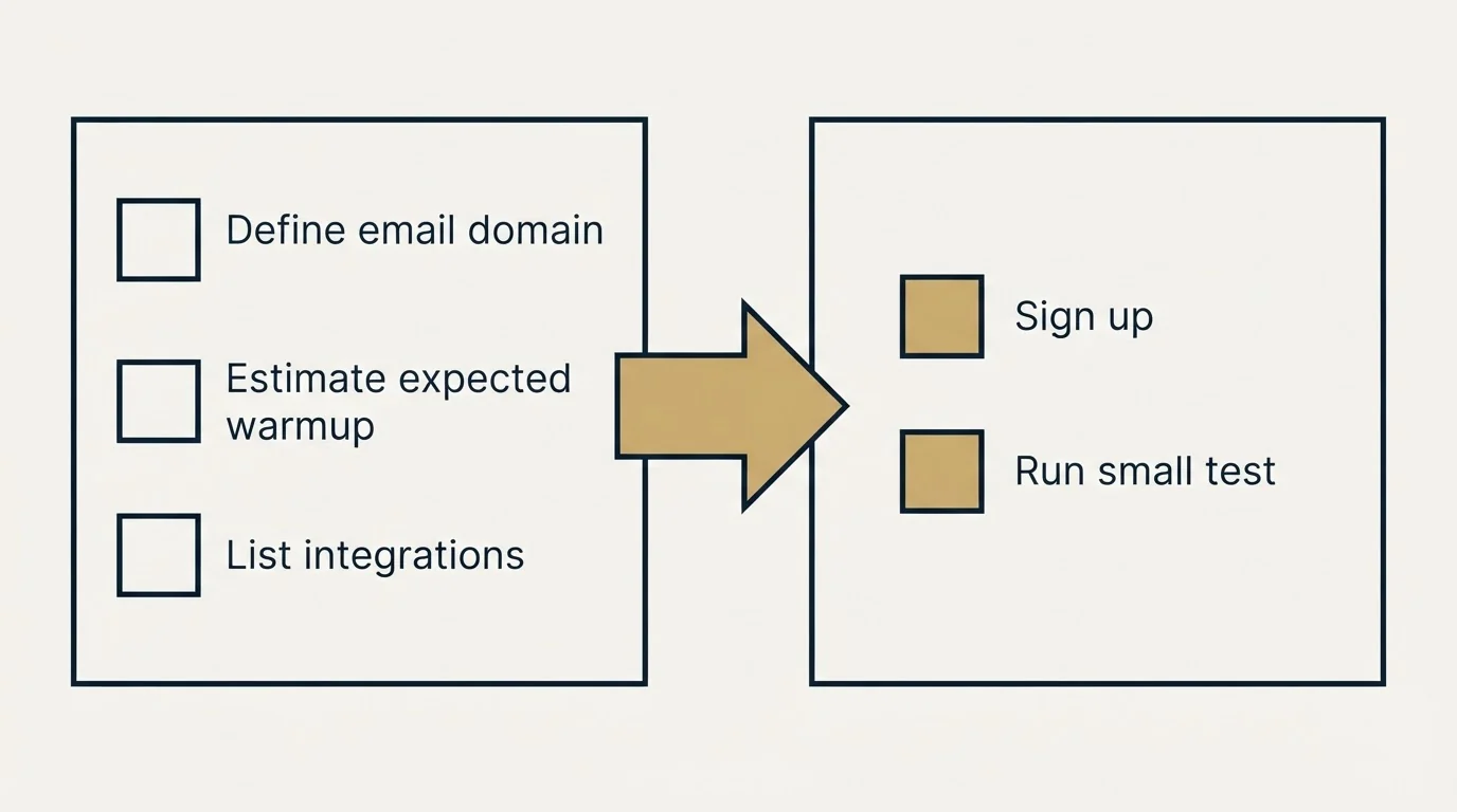Before-and-after steps: Getting Started Checklist (Define email domain, Estimate expected warmup, List integrations, Sign up)
