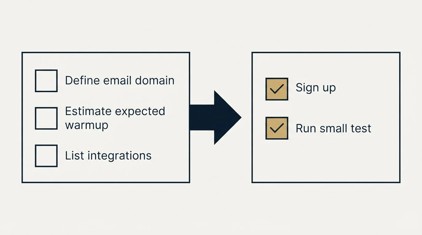 Before-and-after steps: Getting Started Checklist (Define email domain, Estimate expected warmup, List integrations, Sign up)