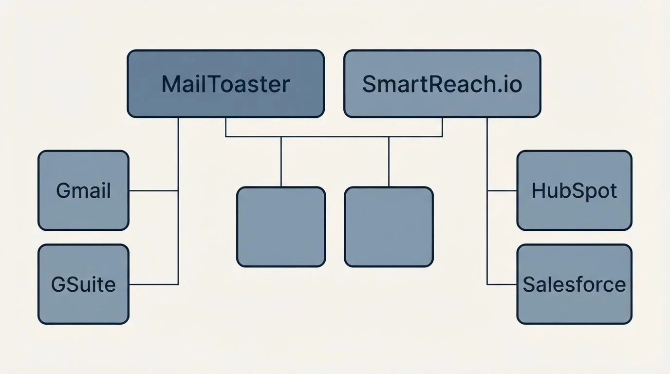 Integration grid: Integration Ecosystem (MailToaster, SmartReach.io, Gmail, HubSpot)