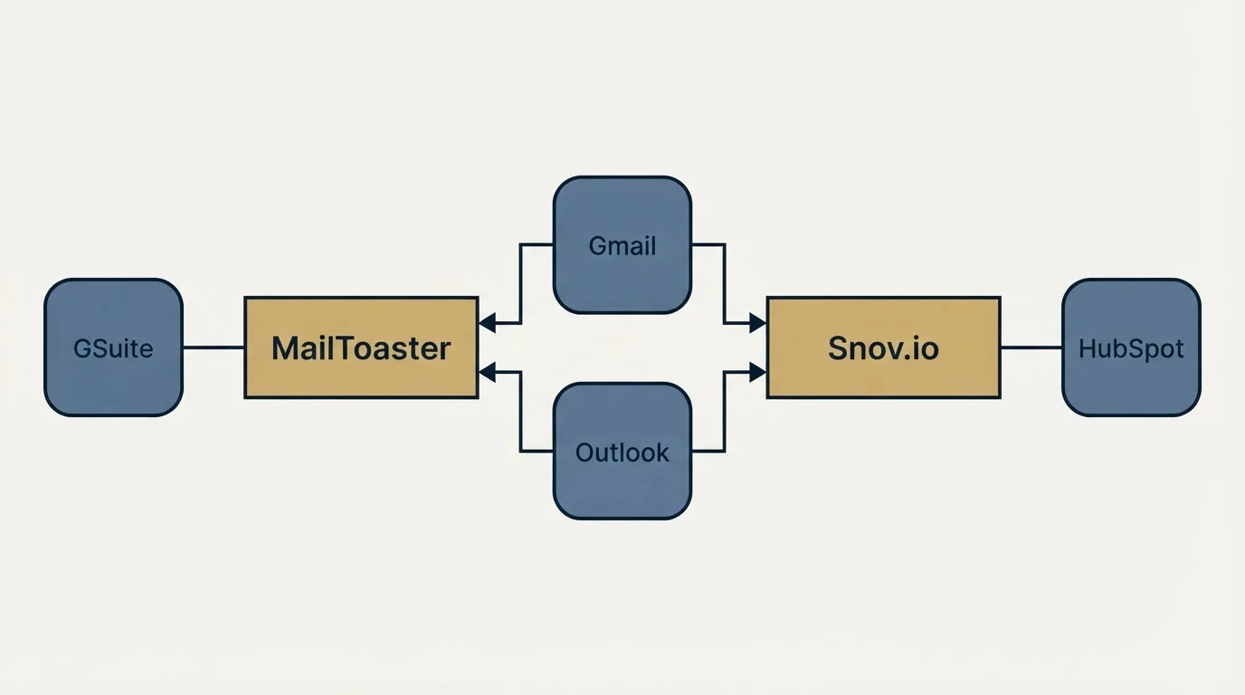 Integration schematic: Integration Ecosystem (MailToaster, Snov.io, Gmail, Outlook)