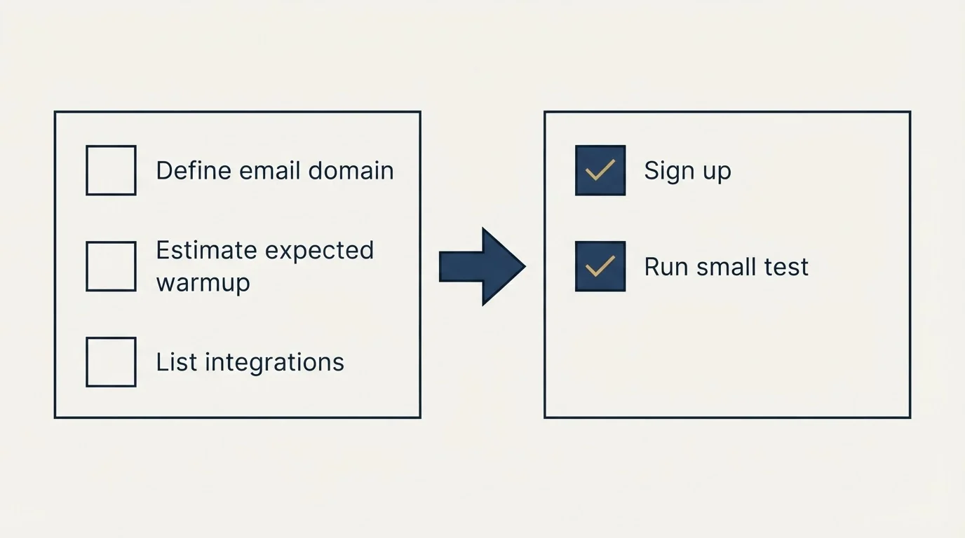 Before-and-after steps: Getting Started Checklist (Define email domain, Estimate expected warmup, List integrations, Sign up)