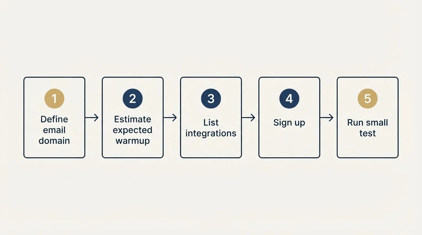 Step sequence: Getting Started Checklist (Define email domain, Estimate expected warmup, List integrations, Sign up)