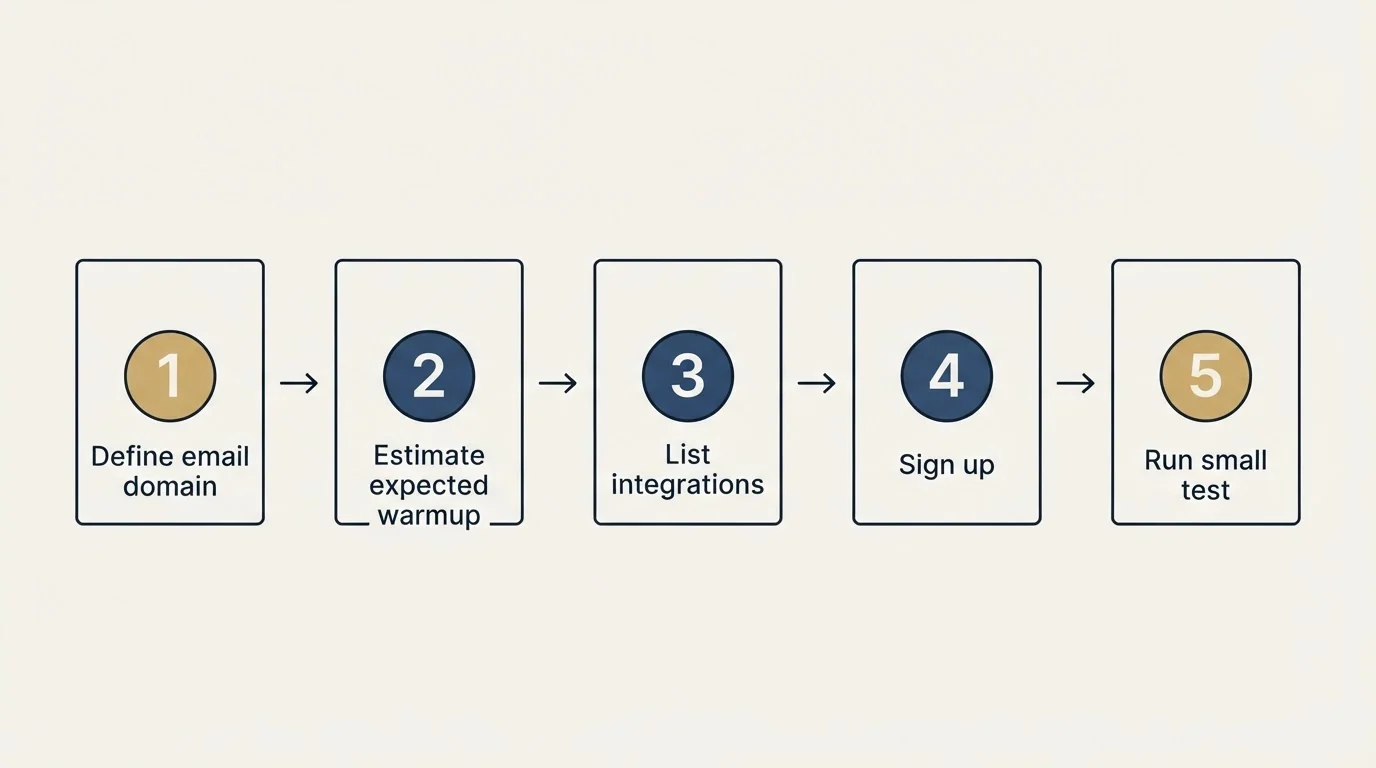Step sequence: Getting Started Checklist (Define email domain, Estimate expected warmup, List integrations, Sign up)