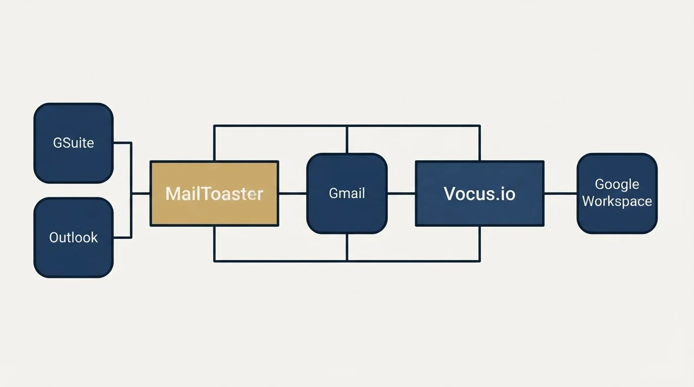 Integration schematic: Integration Ecosystem (MailToaster, Vocus.io, Gmail, GSuite)