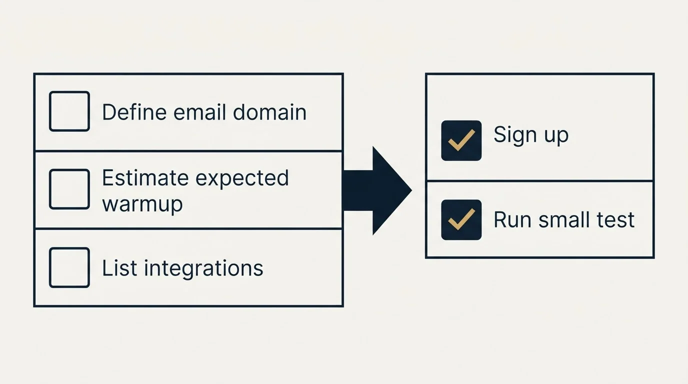 Before-and-after steps: Getting Started Checklist (Define email domain, Estimate expected warmup, List integrations, Sign up)