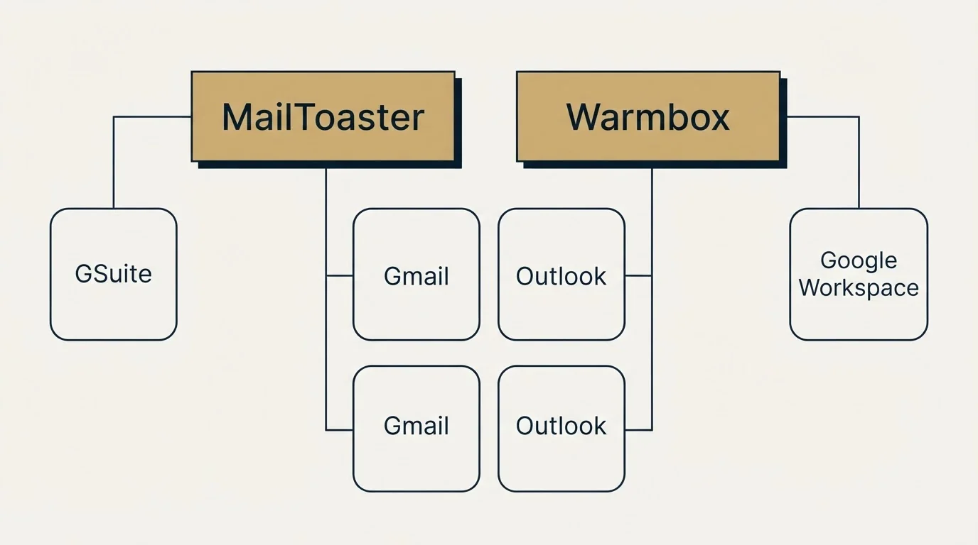 Integration grid: Integration Ecosystem (MailToaster, Warmbox, Gmail, Outlook)