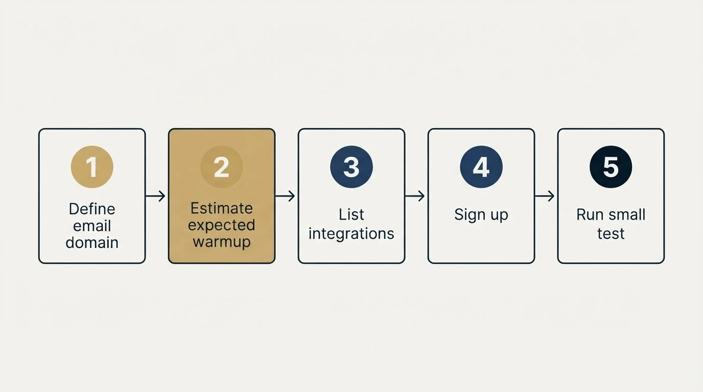 Step sequence: Getting Started Checklist (Define email domain, Estimate expected warmup, List integrations, Sign up)