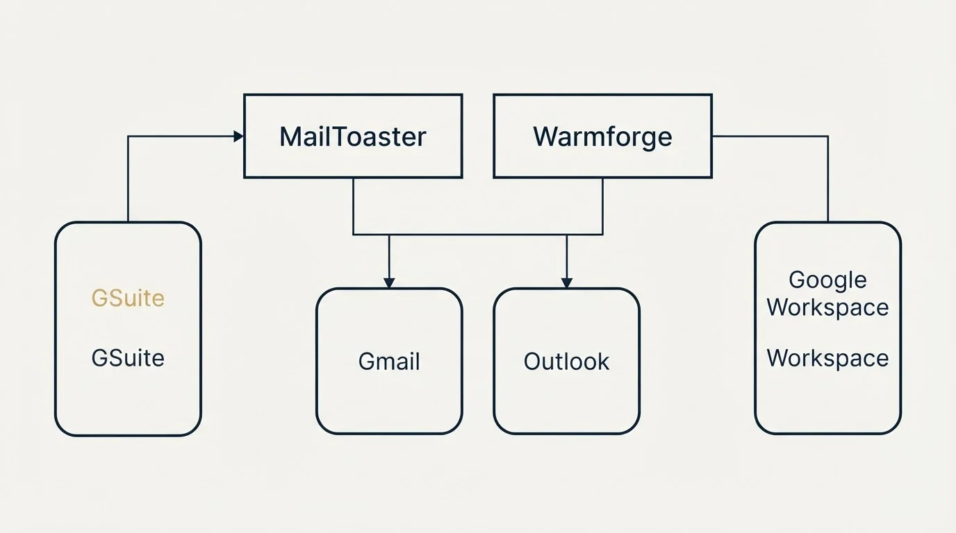 Integration grid: Integration Ecosystem (MailToaster, Warmforge, Gmail, Outlook)
