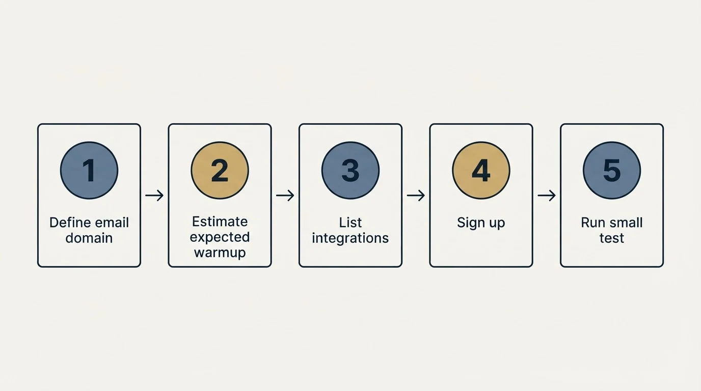 Step sequence: Getting Started Checklist (Define email domain, Estimate expected warmup, List integrations, Sign up)