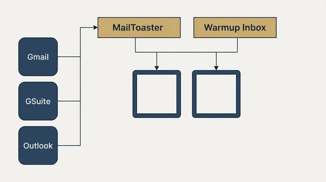 Integration grid: Integration Ecosystem (MailToaster, Warmup Inbox, Gmail, Gmail Workspace)