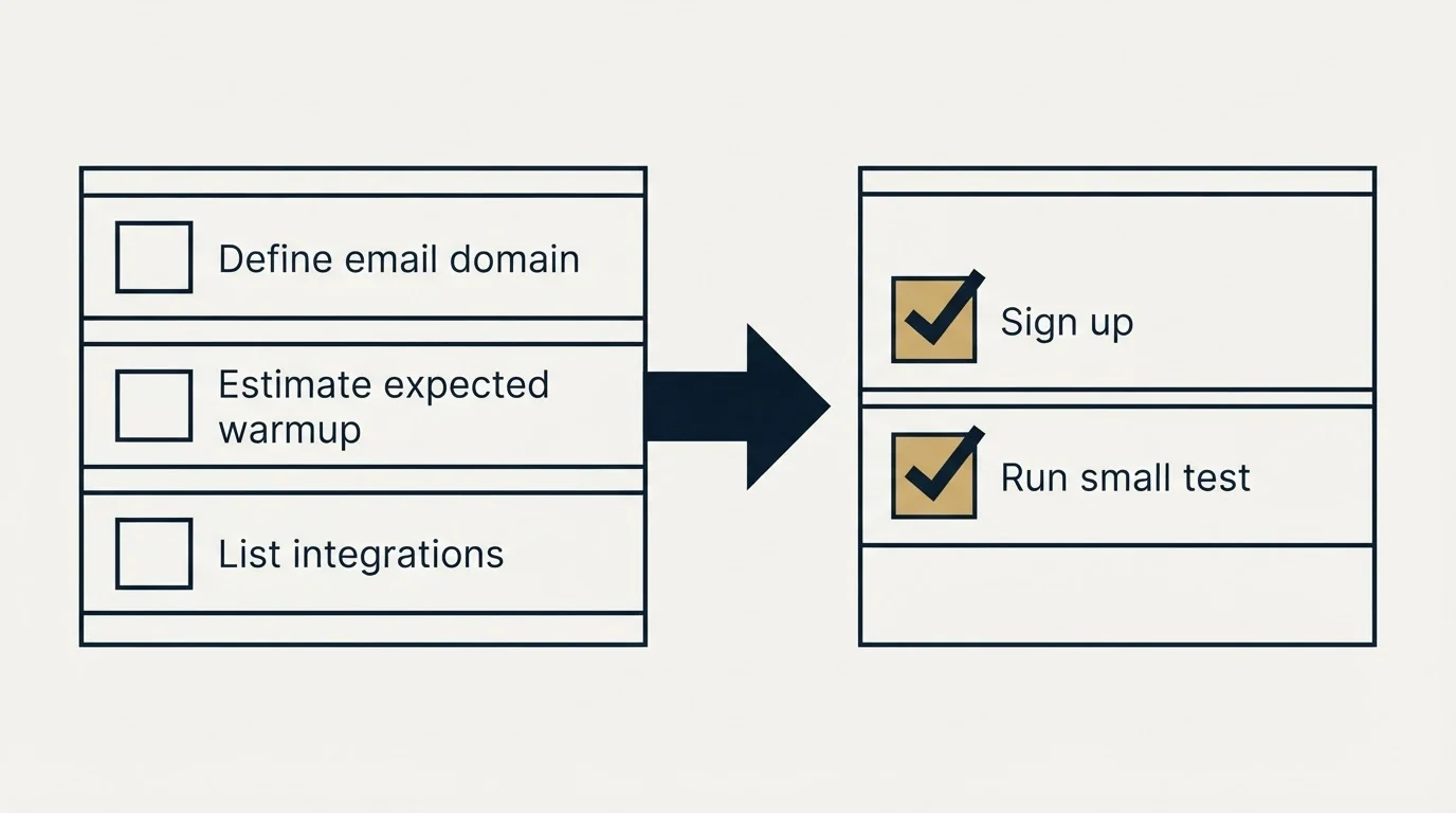 Before-and-after steps: Getting Started Checklist (Define email domain, Estimate expected warmup, List integrations, Sign up)