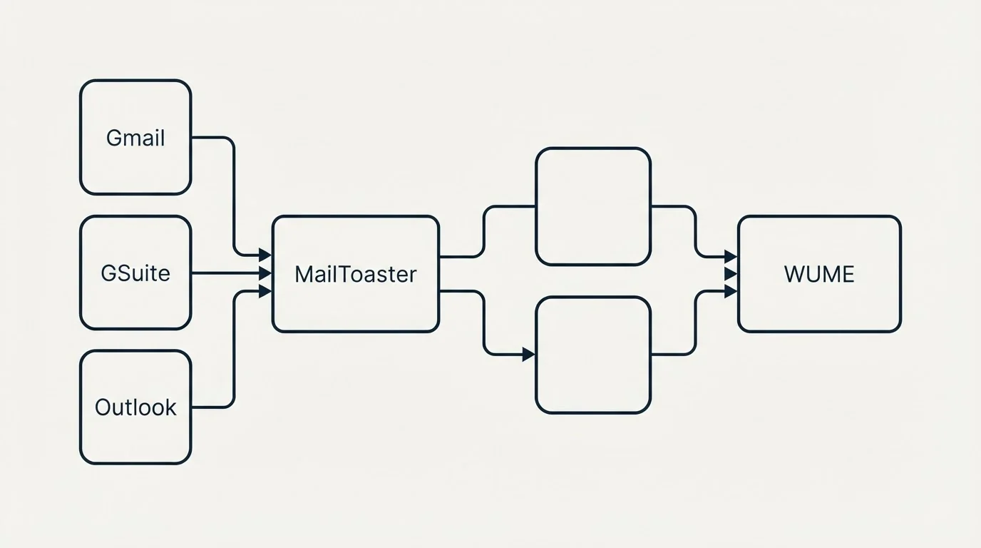 Integration schematic: Integration Ecosystem (MailToaster, WUME, Gmail, GSuite)