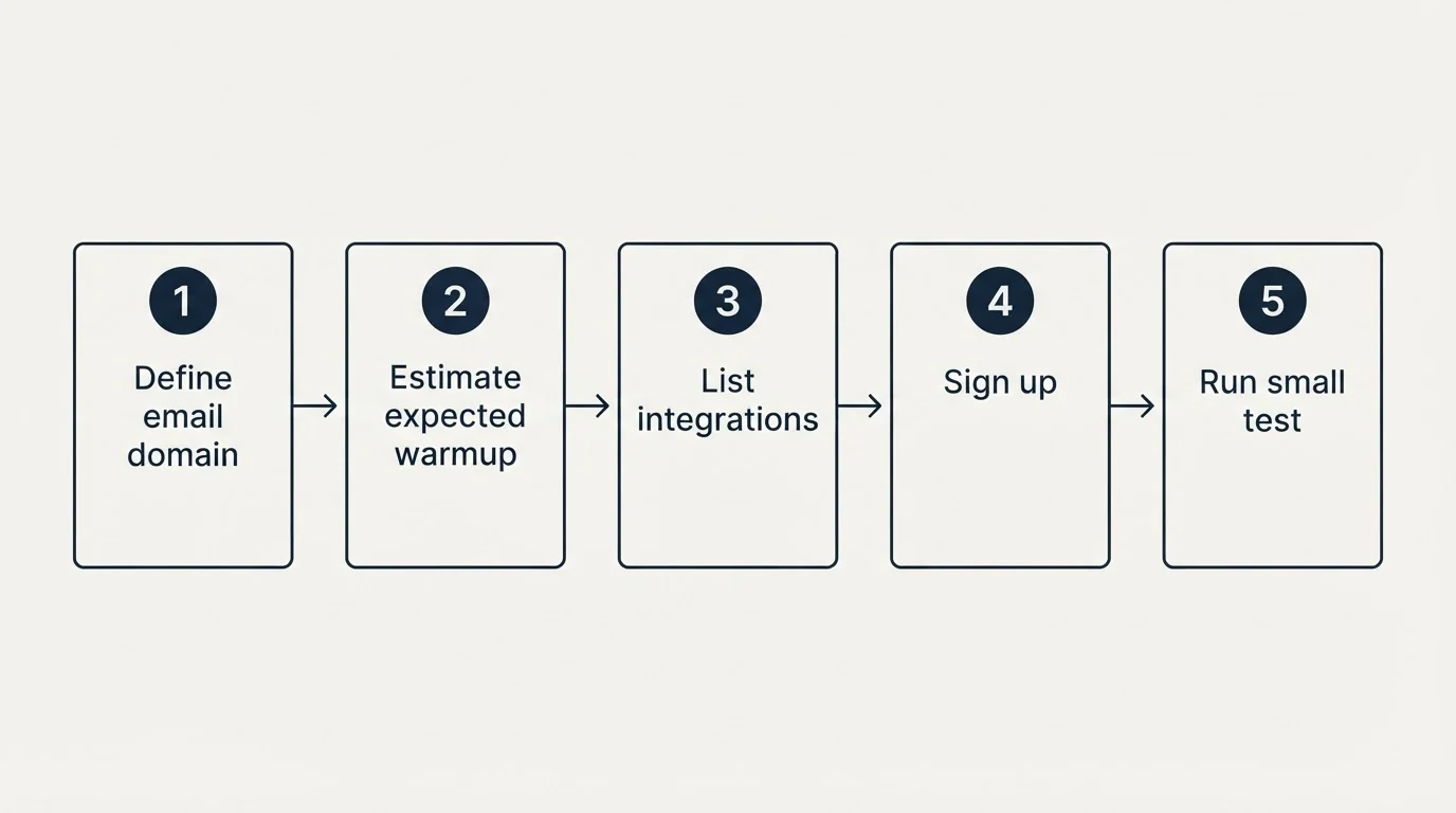 Step sequence: Getting Started Checklist (Define email domain, Estimate expected warmup, List integrations, Sign up)
