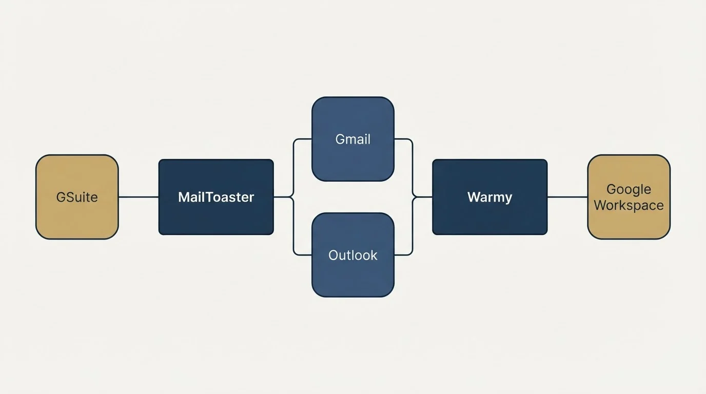Integration flow: Integration Ecosystem (MailToaster, Warmy, Gmail, Outlook)
