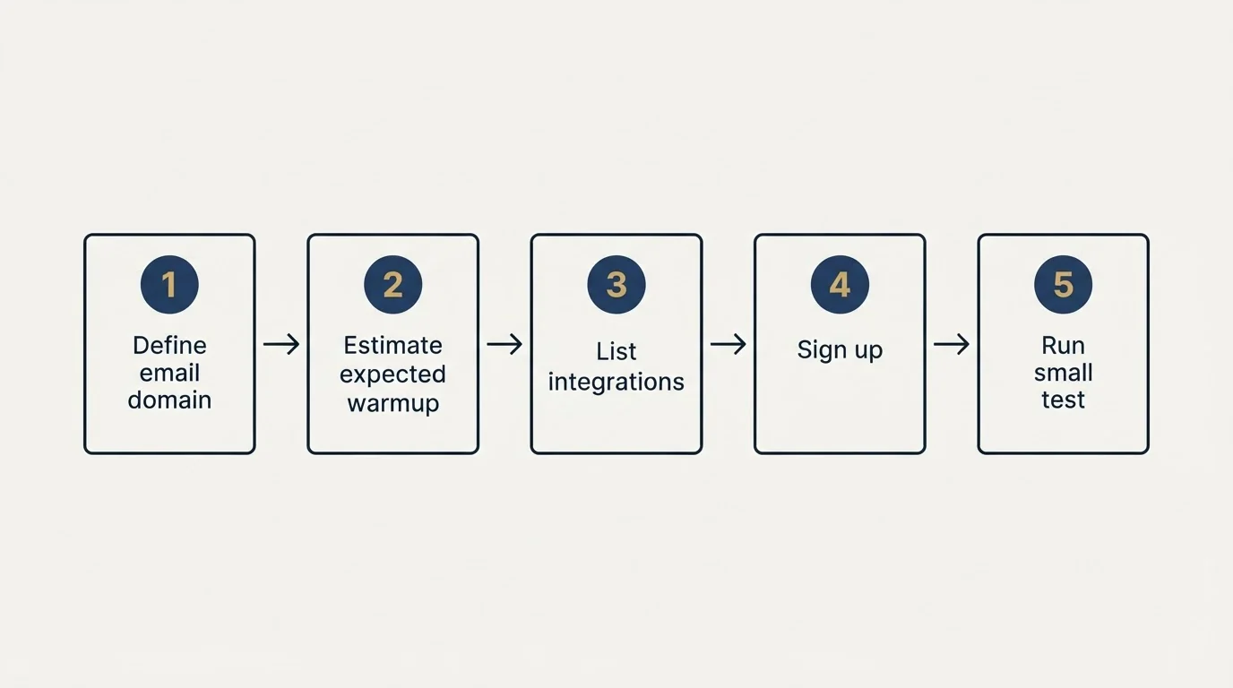 Step sequence: Getting Started Checklist (Define email domain, Estimate expected warmup, List integrations, Sign up)