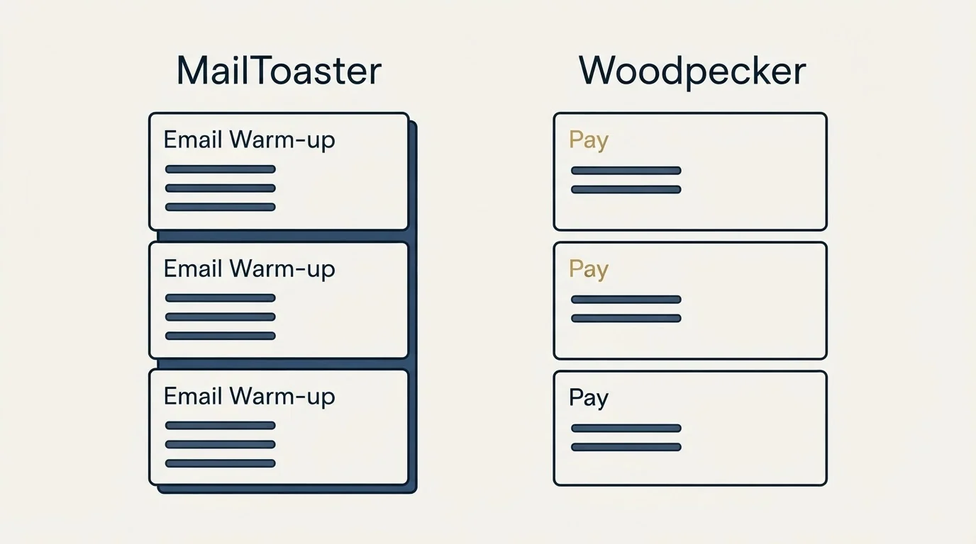 Pricing panels: Pricing Comparison (MailToaster, Woodpecker, Email Warm-up, Pay)