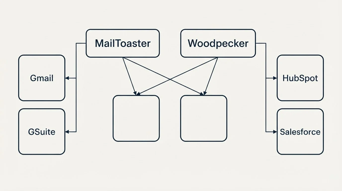 Integration grid: Integration Ecosystem (MailToaster, Woodpecker, Gmail, HubSpot)