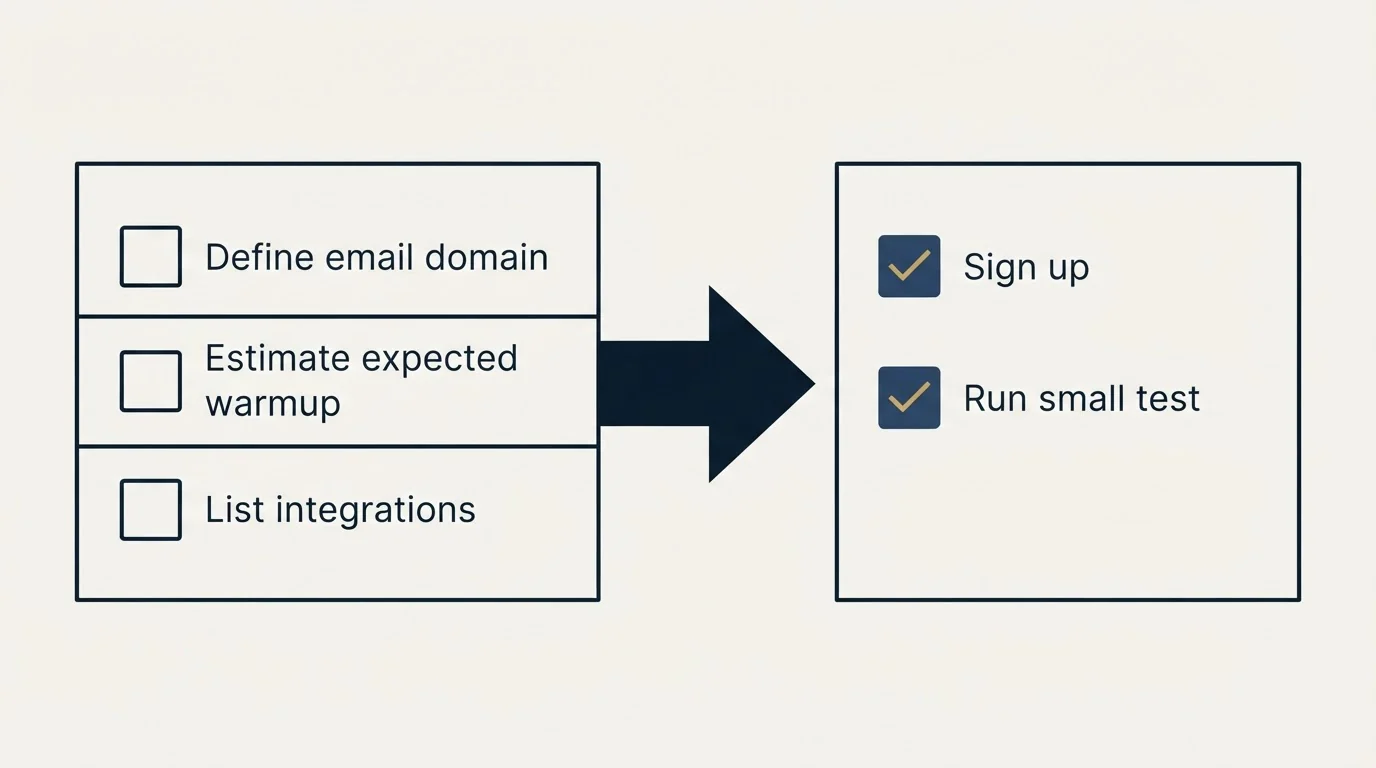 Before-and-after steps: Getting Started Checklist (Define email domain, Estimate expected warmup, List integrations, Sign up)