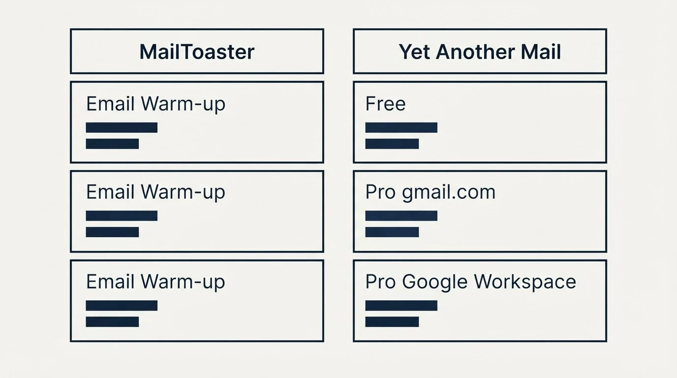 Pricing table: Pricing Comparison (MailToaster, Yet Another Mail, Email Warm-up, Free)