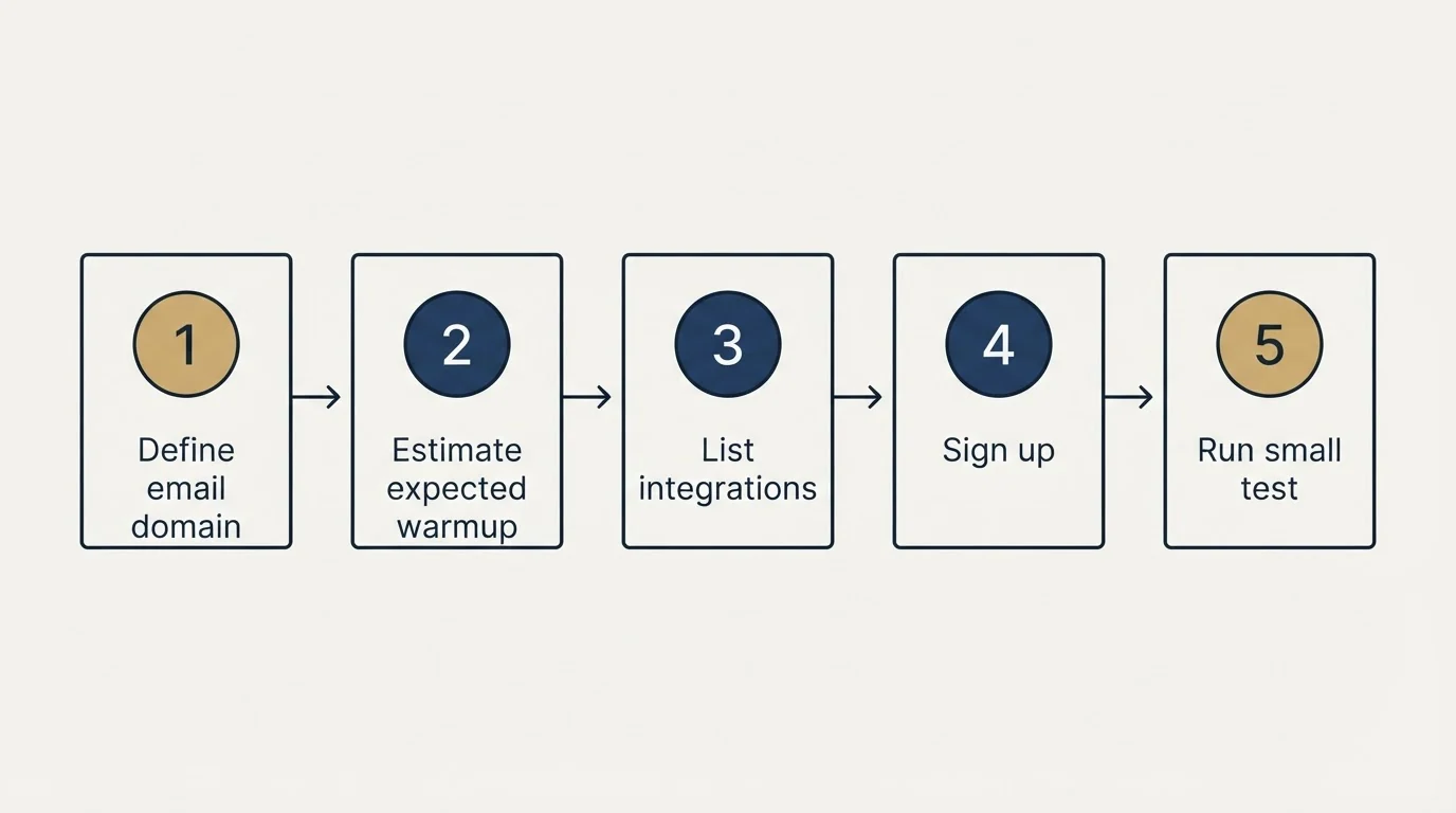 Step sequence: Getting Started Checklist (Define email domain, Estimate expected warmup, List integrations, Sign up)