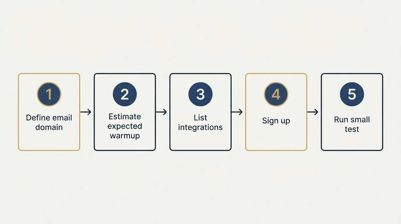 Step sequence: Getting Started Checklist (Define email domain, Estimate expected warmup, List integrations, Sign up)