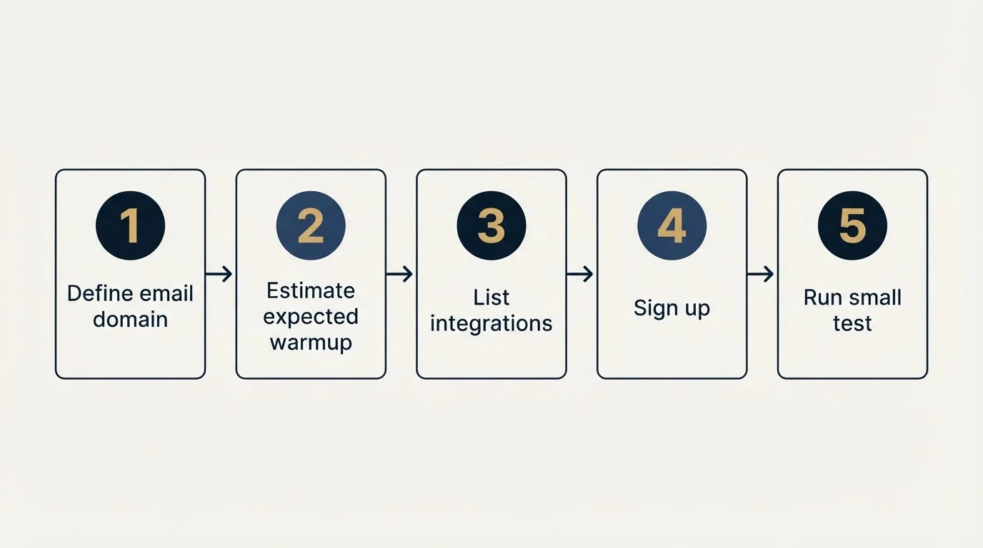 Step sequence: Getting Started Checklist (Define email domain, Estimate expected warmup, List integrations, Sign up)