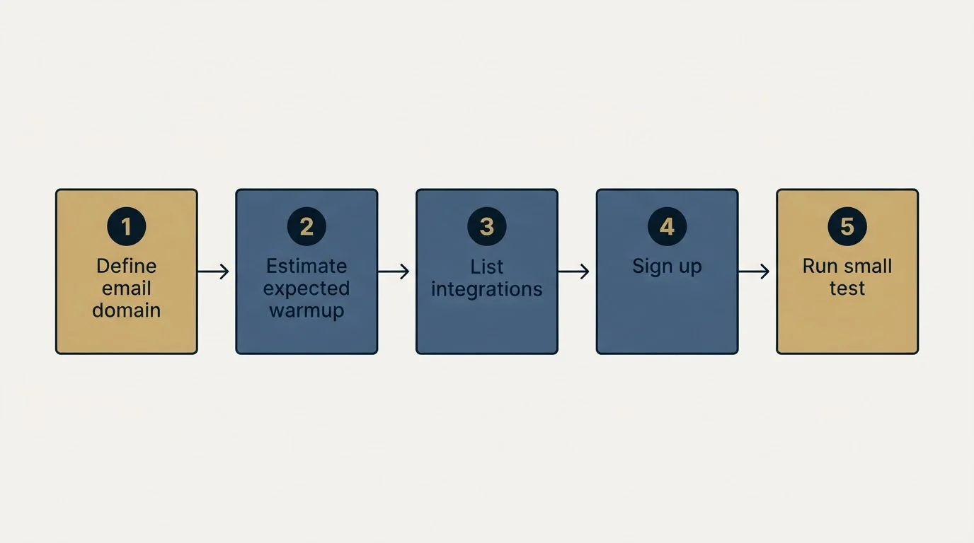 Step sequence: Getting Started Checklist (Define email domain, Estimate expected warmup, List integrations, Sign up)