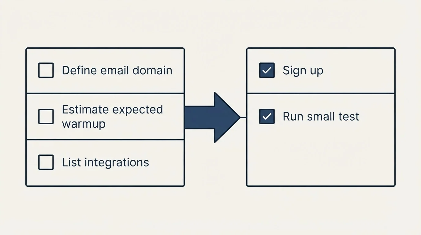 Before-and-after steps: Getting Started Checklist (Define email domain, Estimate expected warmup, List integrations, Sign up)