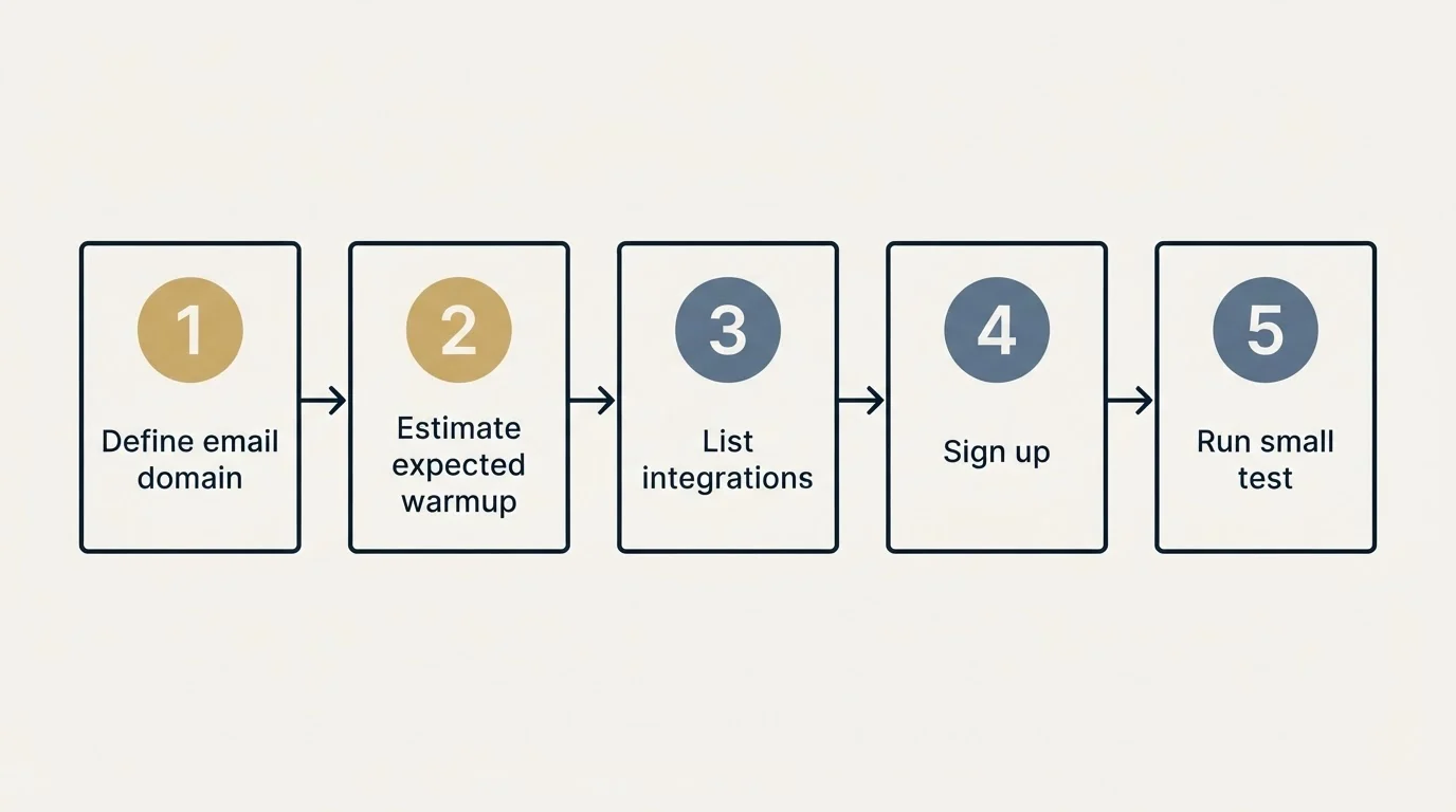 Step sequence: Getting Started Checklist (Define email domain, Estimate expected warmup, List integrations, Sign up)