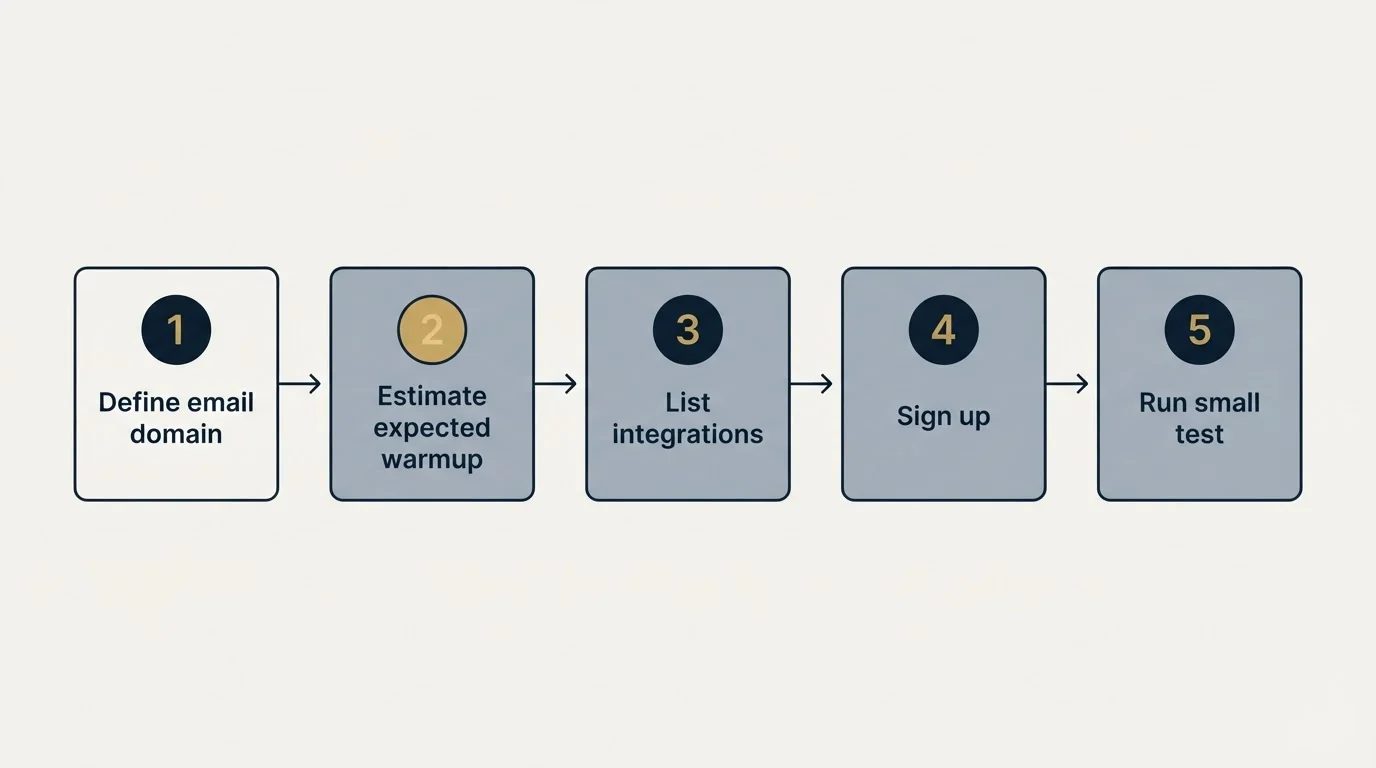 Step sequence: Getting Started Checklist (Define email domain, Estimate expected warmup, List integrations, Sign up)