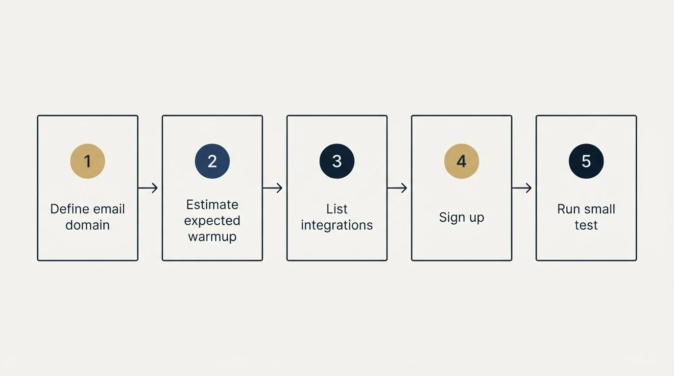 Step sequence: Getting Started Checklist (Define email domain, Estimate expected warmup, List integrations, Sign up)