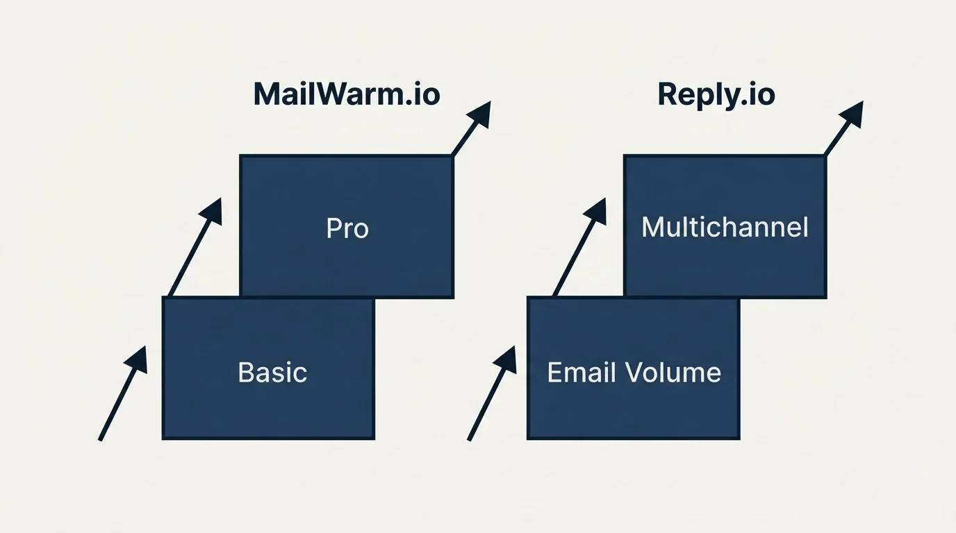 Pricing ladder: Pricing Comparison (MailWarm.io, Reply.io, Basic, Email Volume)