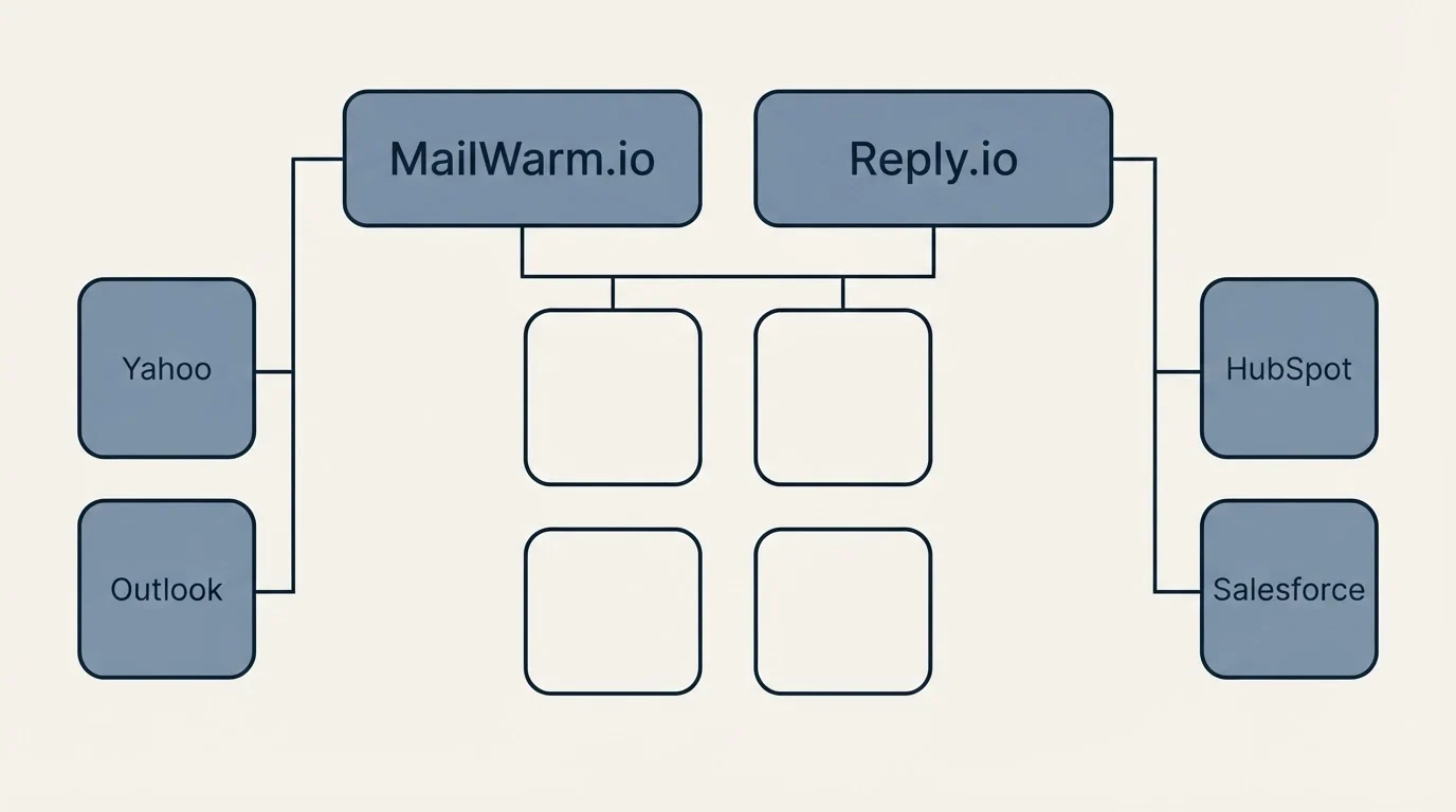 Integration grid: Integration Ecosystem (MailWarm.io, Reply.io, Yahoo, HubSpot)