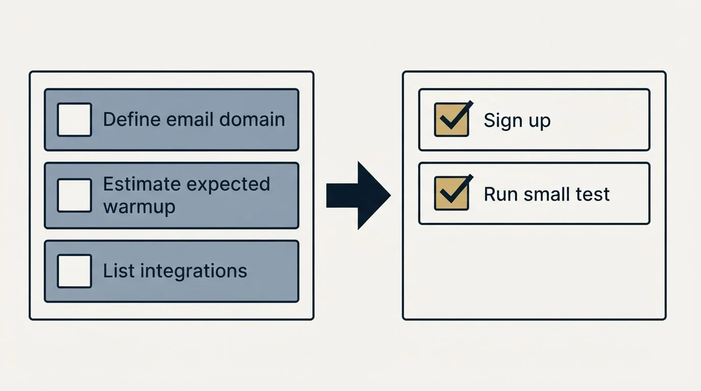 Before-and-after steps: Getting Started Checklist (Define email domain, Estimate expected warmup, List integrations, Sign up)