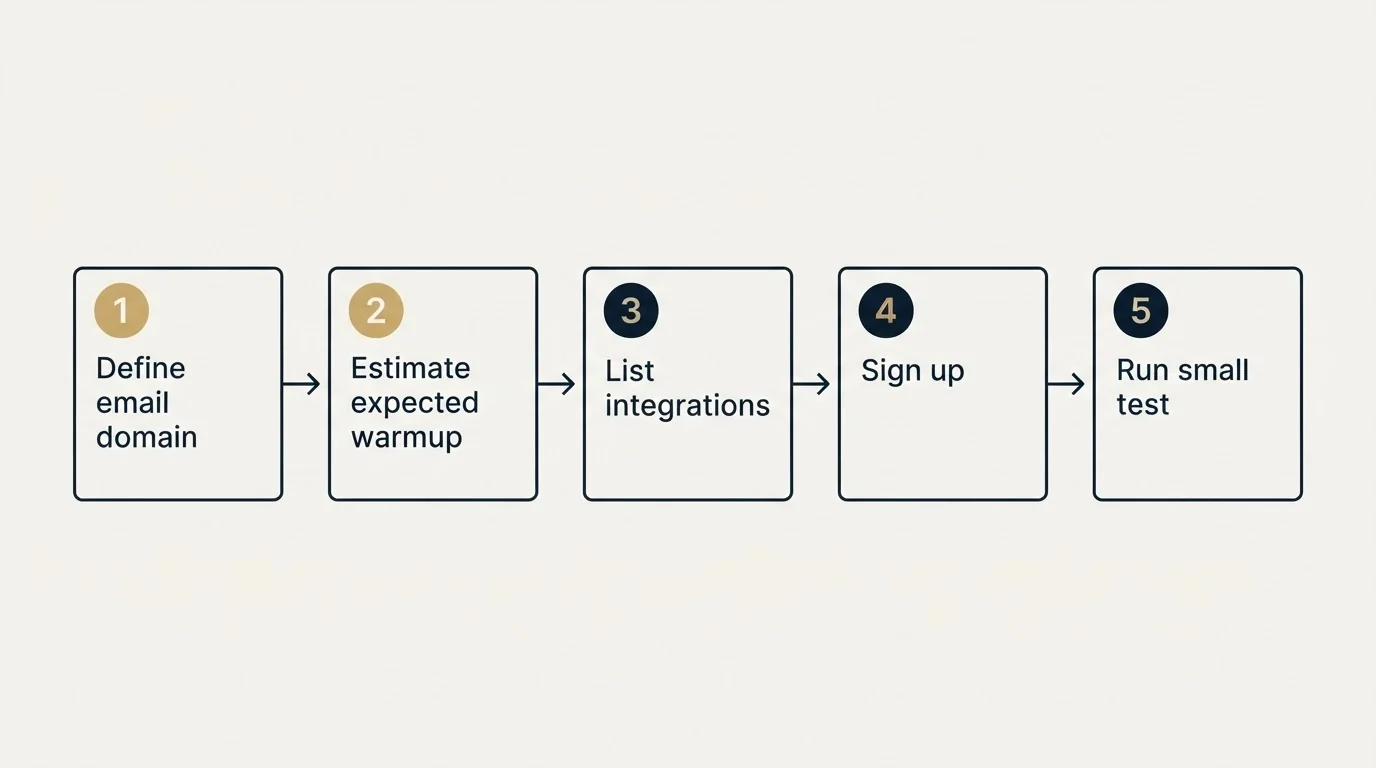 Step sequence: Getting Started Checklist (Define email domain, Estimate expected warmup, List integrations, Sign up)