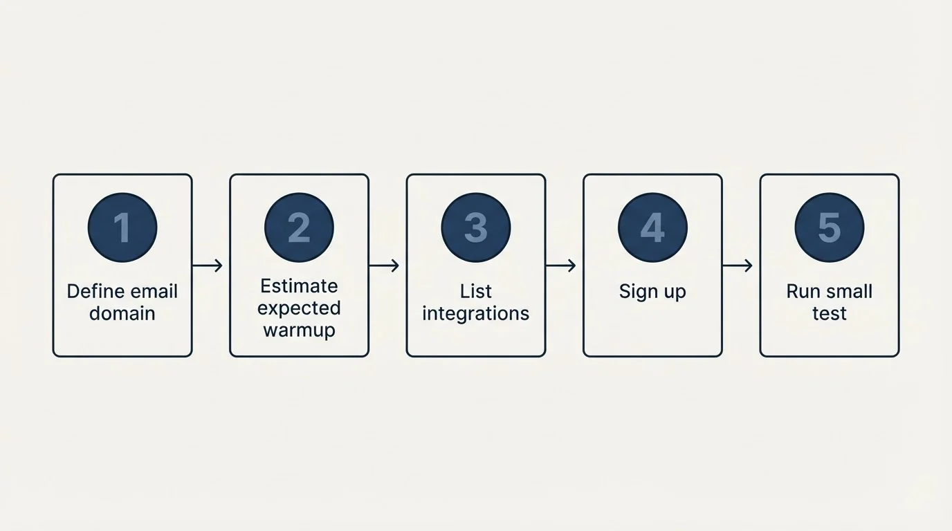 Step sequence: Getting Started Checklist (Define email domain, Estimate expected warmup, List integrations, Sign up)