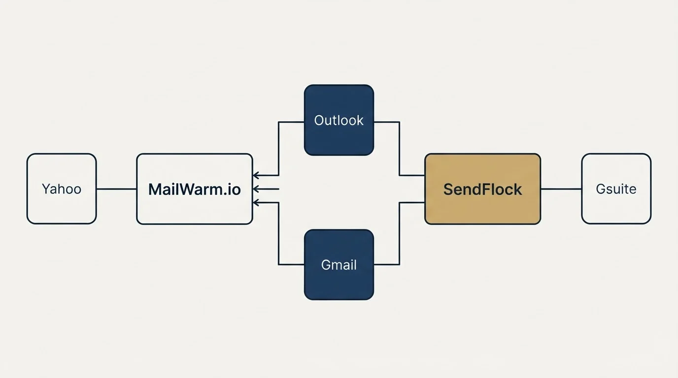 Integration flow: Integration Ecosystem (MailWarm.io, SendFlock, Outlook, Gmail)