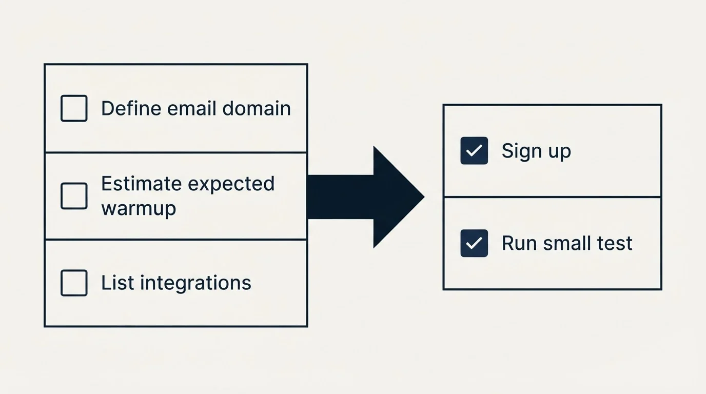 Before-and-after steps: Getting Started Checklist (Define email domain, Estimate expected warmup, List integrations, Sign up)