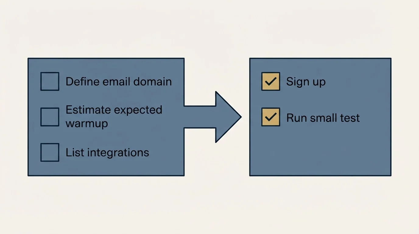 Before-and-after steps: Getting Started Checklist (Define email domain, Estimate expected warmup, List integrations, Sign up)