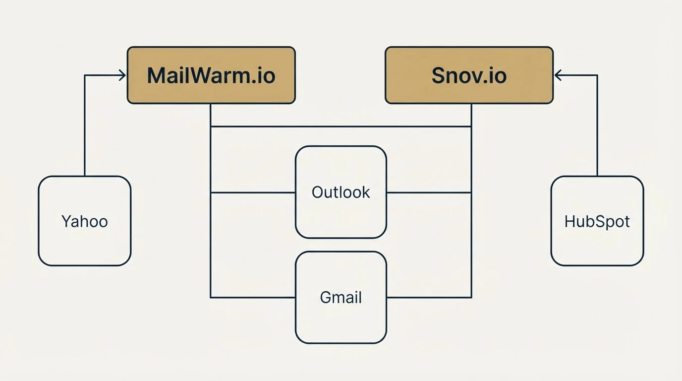 Integration grid: Integration Ecosystem (MailWarm.io, Snov.io, Outlook, Gmail)