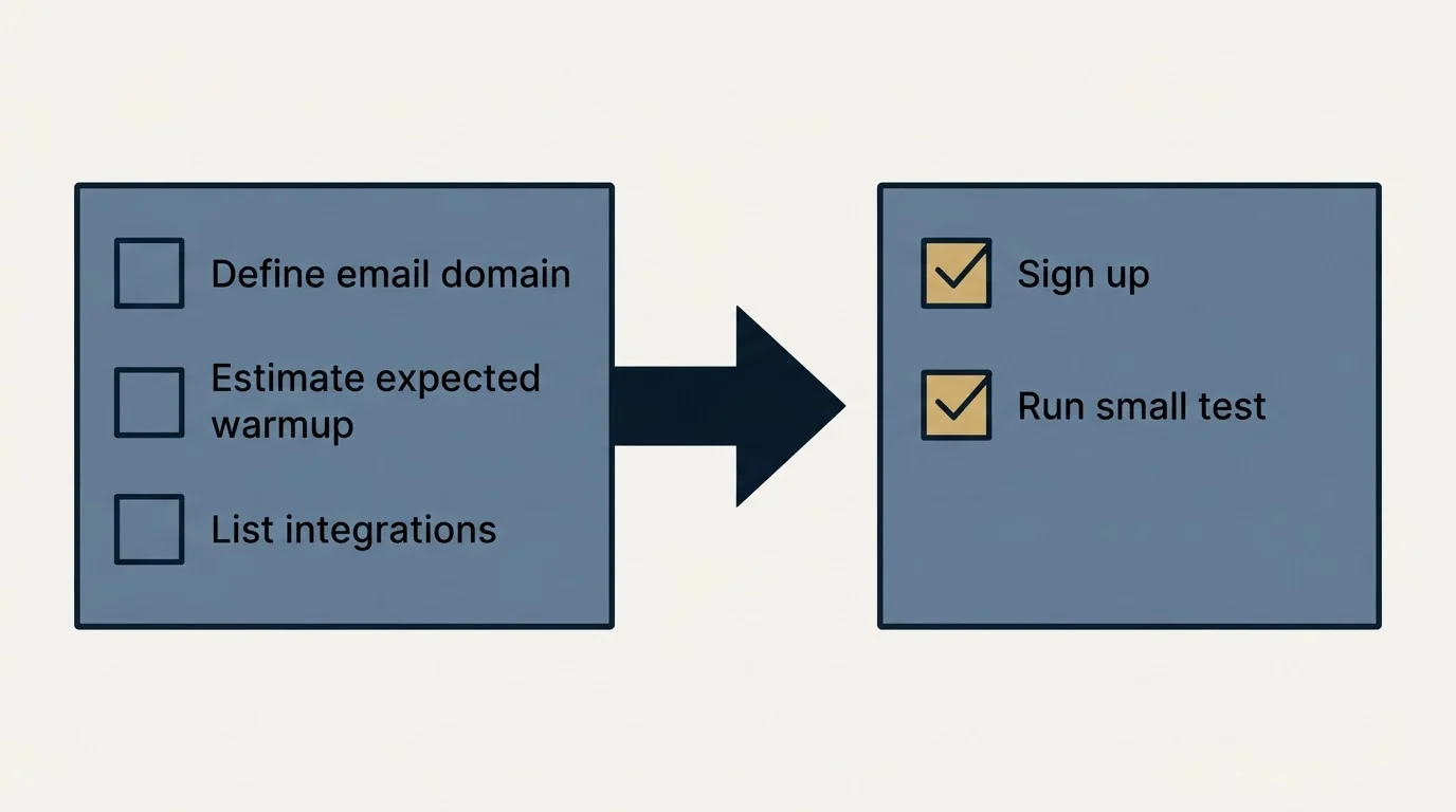 Before-and-after steps: Getting Started Checklist (Define email domain, Estimate expected warmup, List integrations, Sign up)