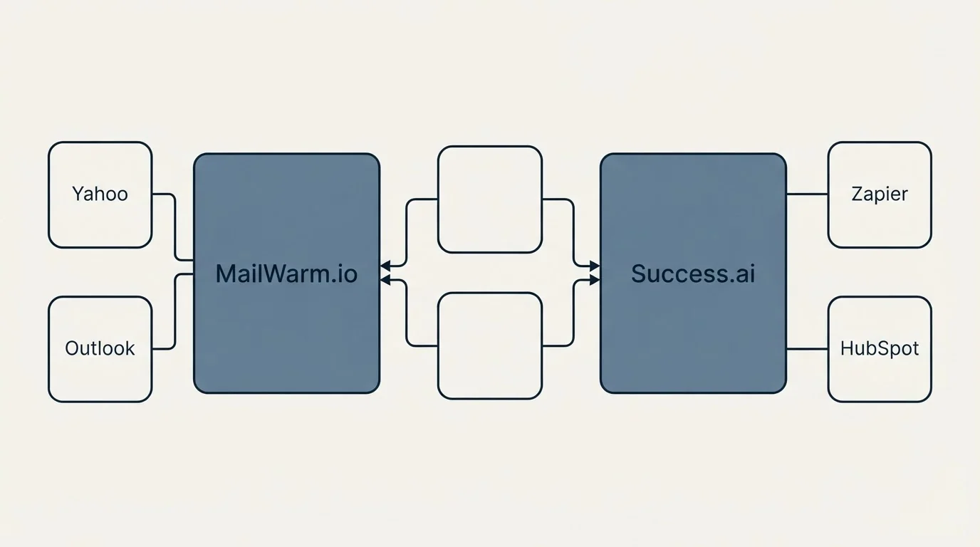Integration schematic: Integration Ecosystem (MailWarm.io, Success.ai, Yahoo, Zapier)